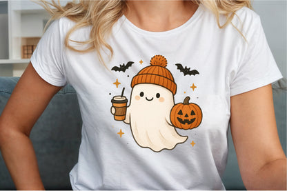 Cute Ghost Coffee Pumpkin Halloween PNG Sublimation