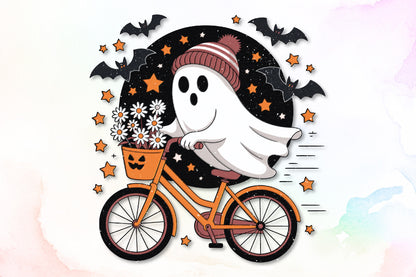 Cute Ghost Bicycle Halloween Fall Autumn PNG