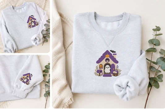 Cute Ghost Halloween House Embroidery Design – Adorable Spooky Haunted House Machine Embroidery Pattern, Halloween Embroidery Design