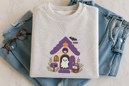 Cute Ghost Halloween House Embroidery Design – Adorable Spooky Haunted House Machine Embroidery Pattern, Halloween Embroidery Design