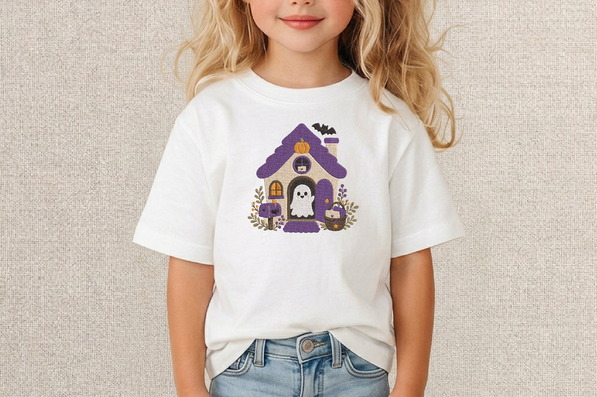 Cute Ghost Halloween House Embroidery Design – Adorable Spooky Haunted House Machine Embroidery Pattern, Halloween Embroidery Design