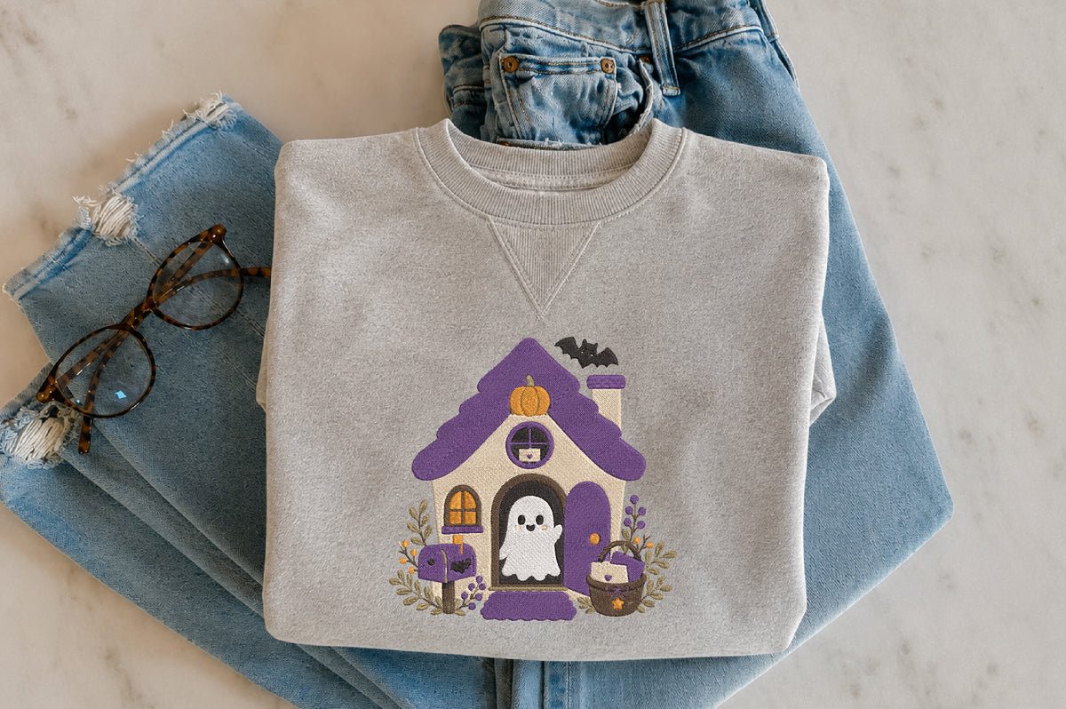 Cute Ghost Halloween House Embroidery Design – Adorable Spooky Haunted House Machine Embroidery Pattern, Halloween Embroidery Design