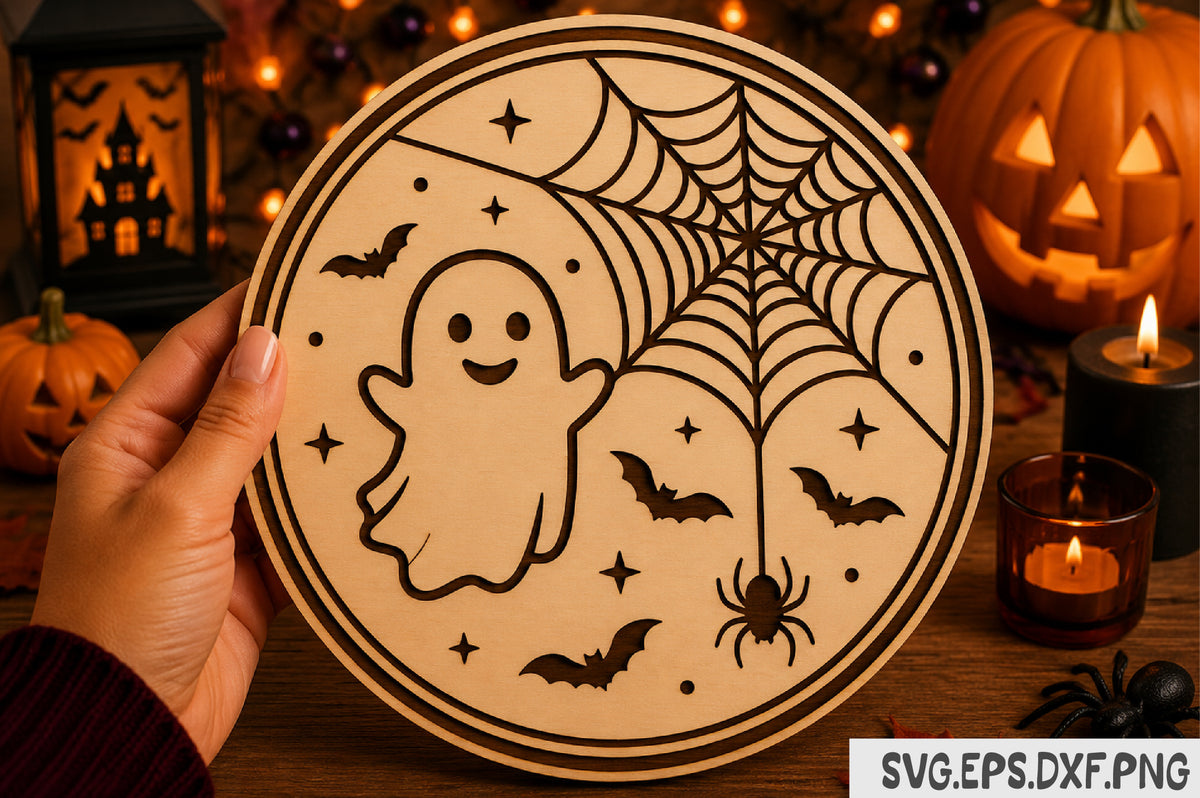 Cute Ghost Halloween Round Sign Laser Cut SVG