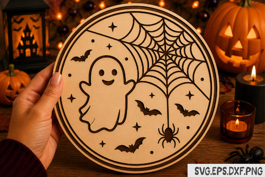 Cute Ghost Halloween Round Sign Laser Cut SVG