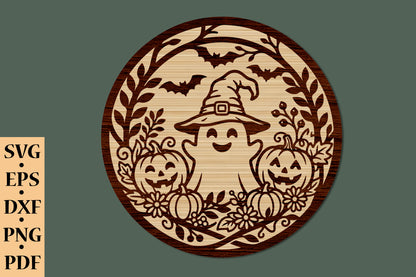 Cute Ghost Halloween Round Sign Laser Cut SVG