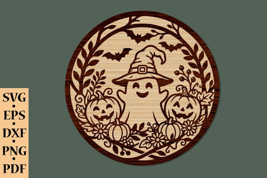 Cute Ghost Halloween Round Sign Laser Cut SVG