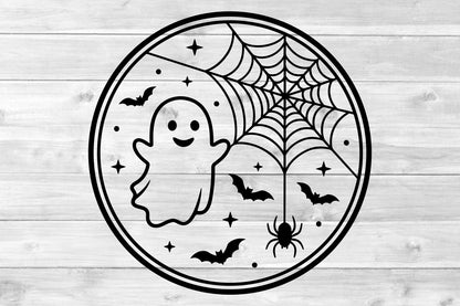 Cute Ghost Halloween Round Sign Laser Cut SVG