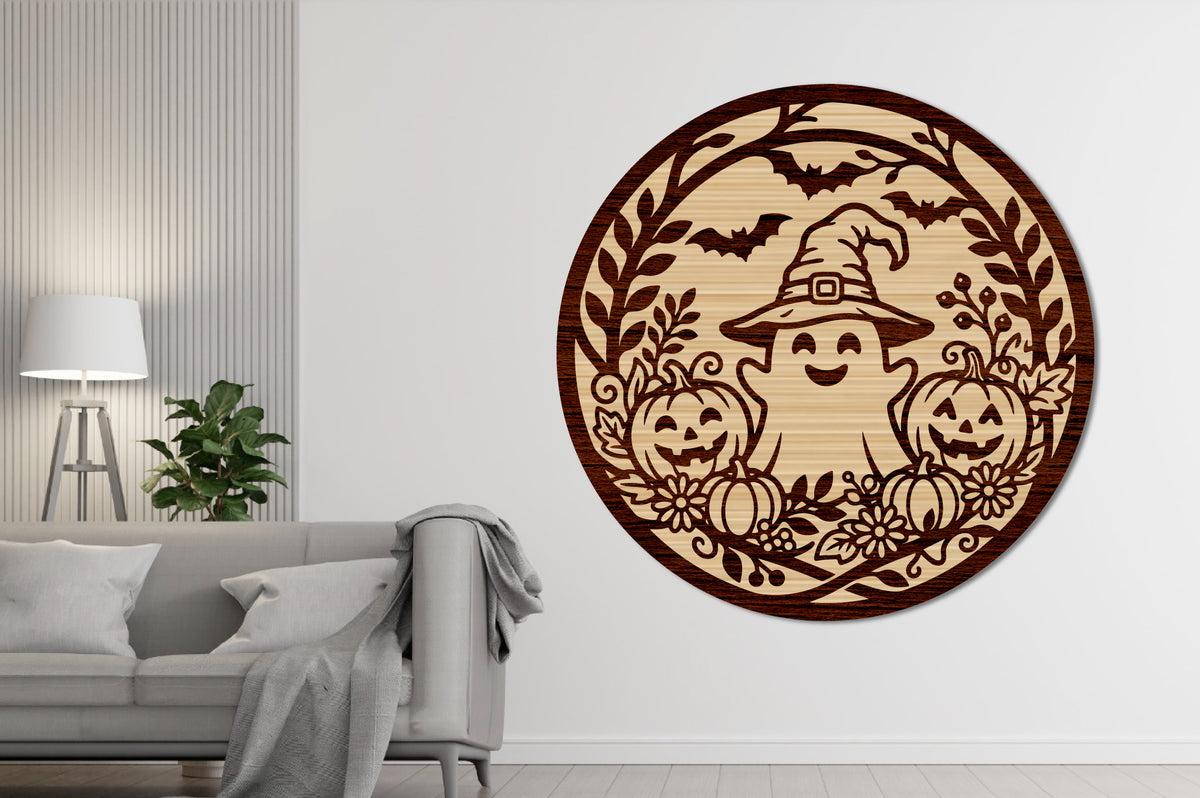 Cute Ghost Halloween Round Sign Laser Cut SVG