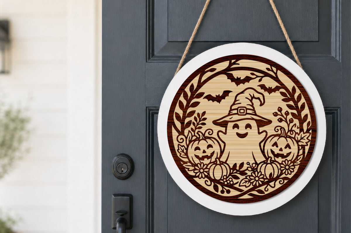 Cute Ghost Halloween Round Sign Laser Cut SVG