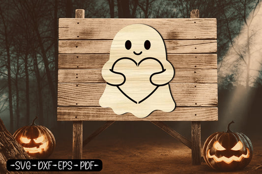 Cute Ghost Holding Heart Halloween Laser Cut SVG