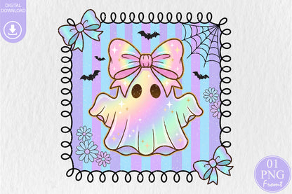 Cute Ghost PNG Holographic Halloween Bow Rainbow Pastel Sublimation Design