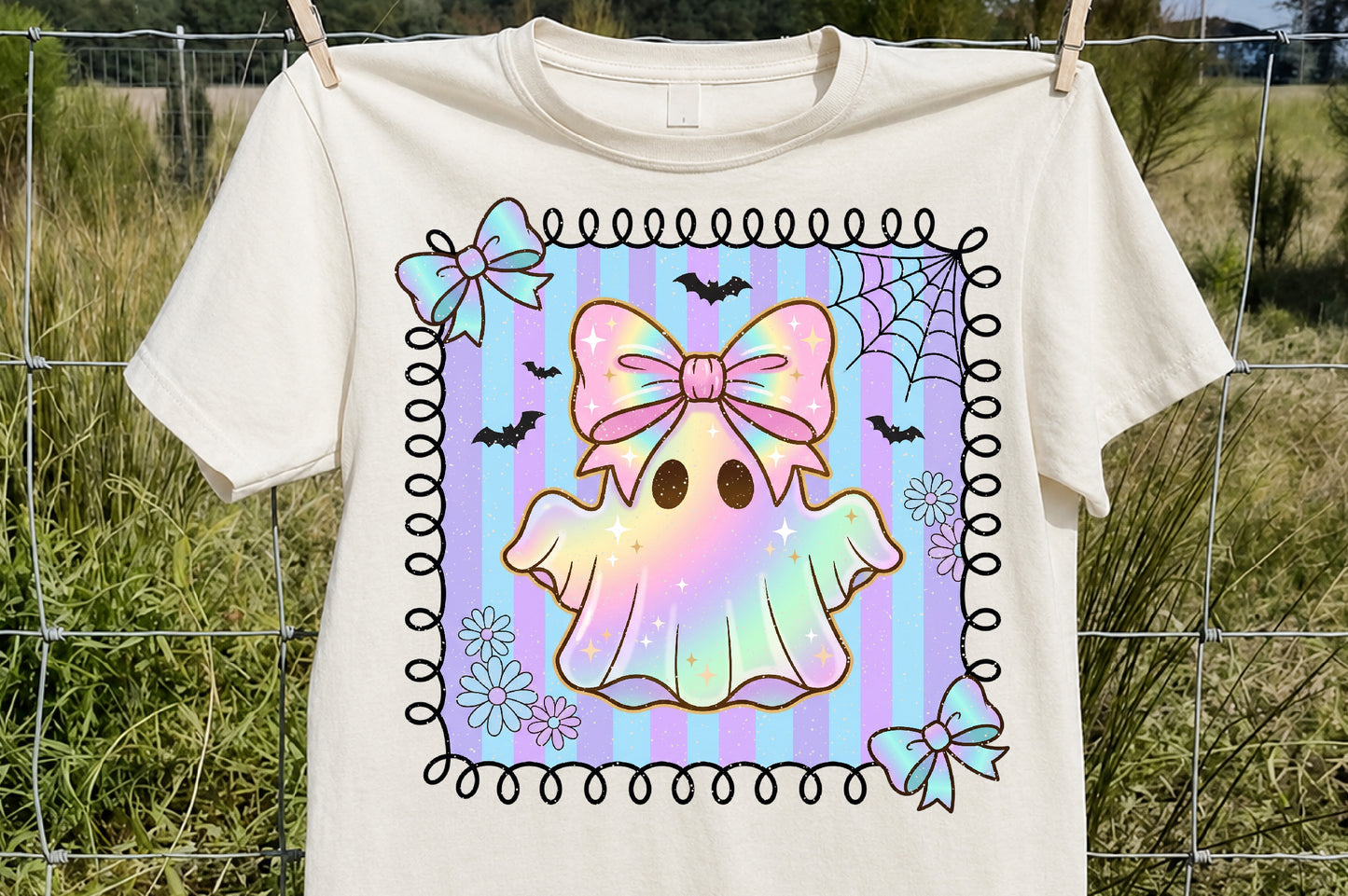 Cute Ghost PNG Holographic Halloween Bow Rainbow Pastel Sublimation Design