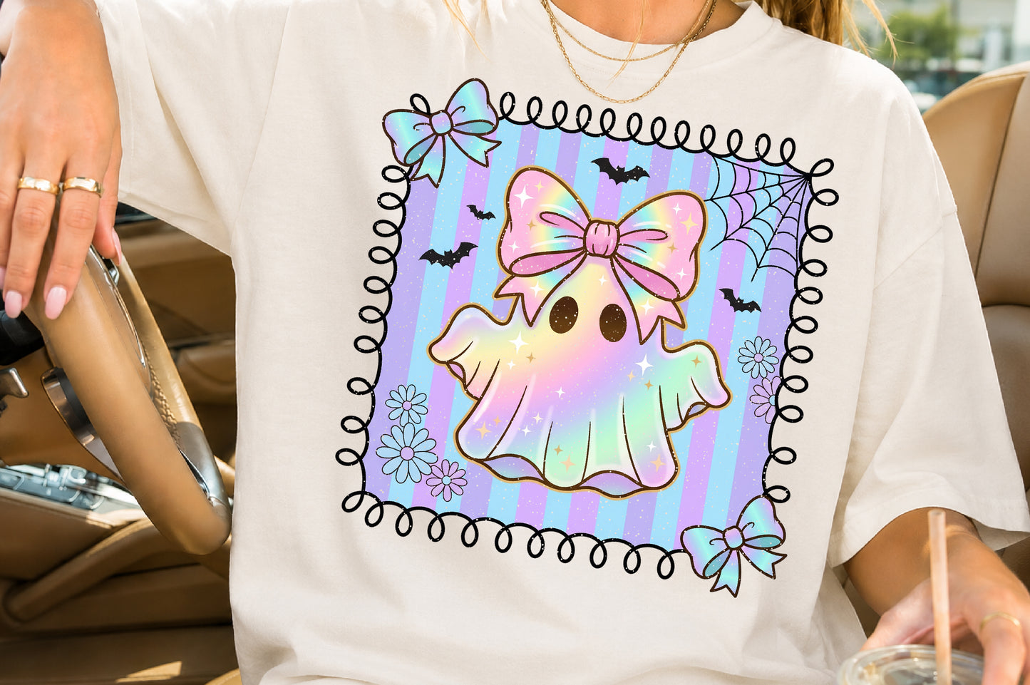 Cute Ghost PNG Holographic Halloween Bow Rainbow Pastel Sublimation Design