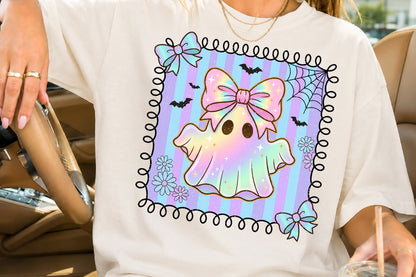 Cute Ghost PNG Holographic Halloween Bow Rainbow Pastel Sublimation Design