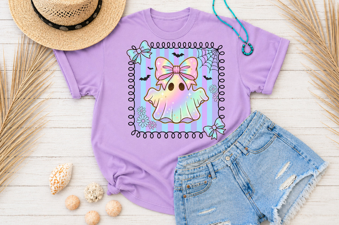 Cute Ghost PNG Holographic Halloween Bow Rainbow Pastel Sublimation Design