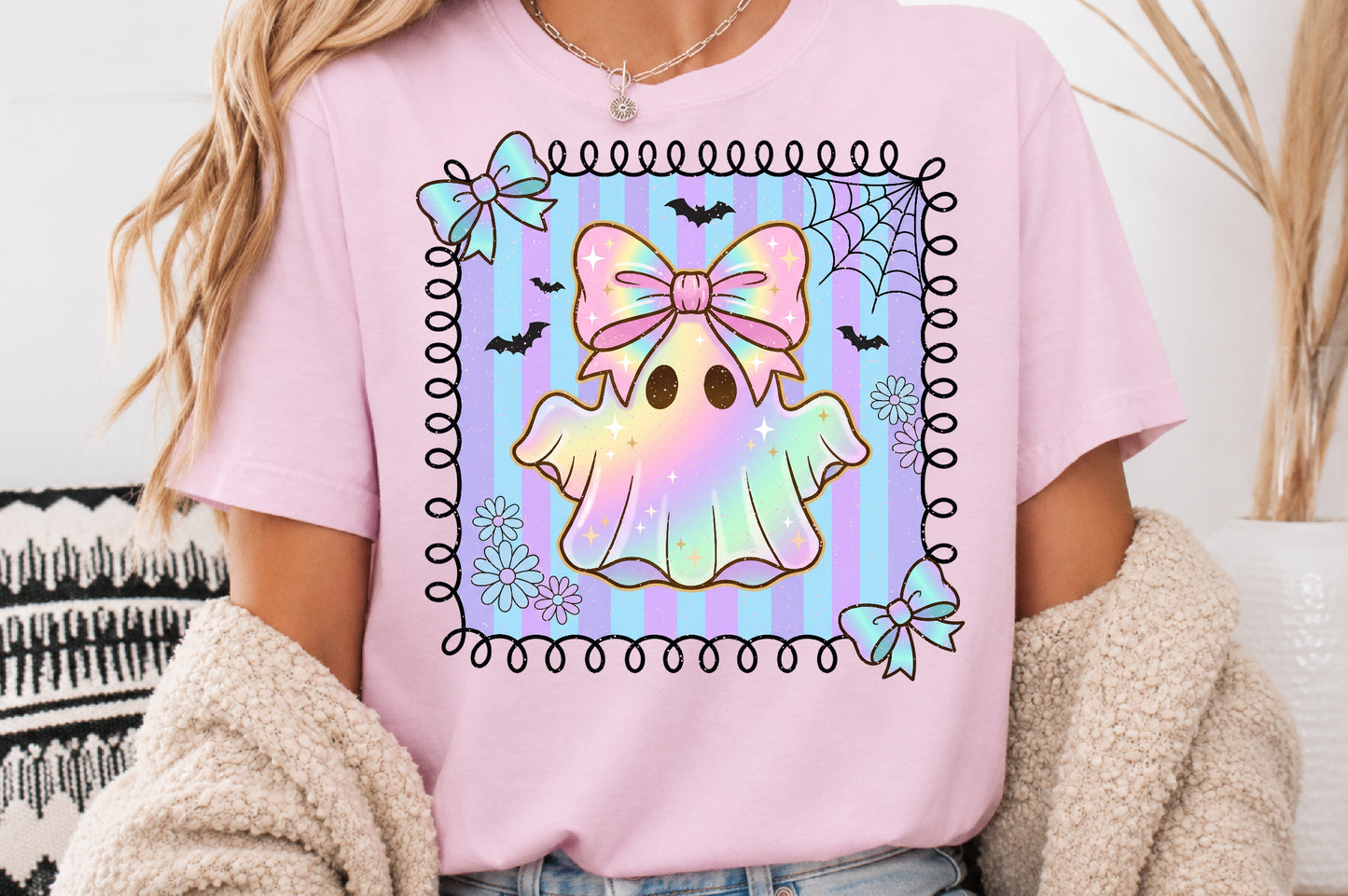 Cute Ghost PNG Holographic Halloween Bow Rainbow Pastel Sublimation Design