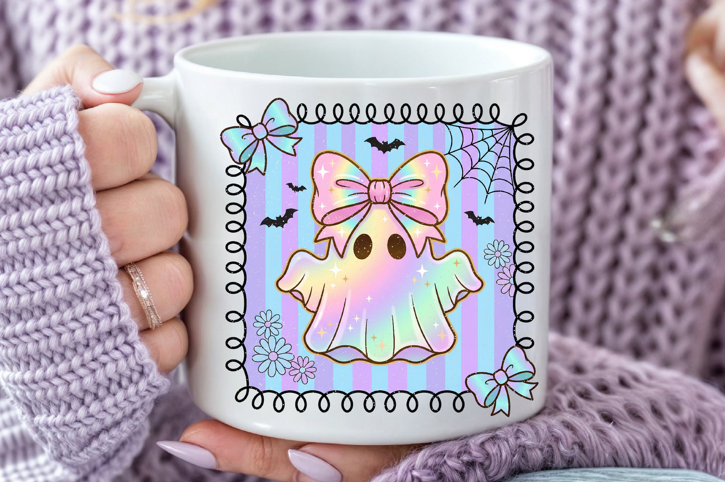 Cute Ghost PNG Holographic Halloween Bow Rainbow Pastel Sublimation Design