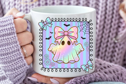 Cute Ghost PNG Holographic Halloween Bow Rainbow Pastel Sublimation Design