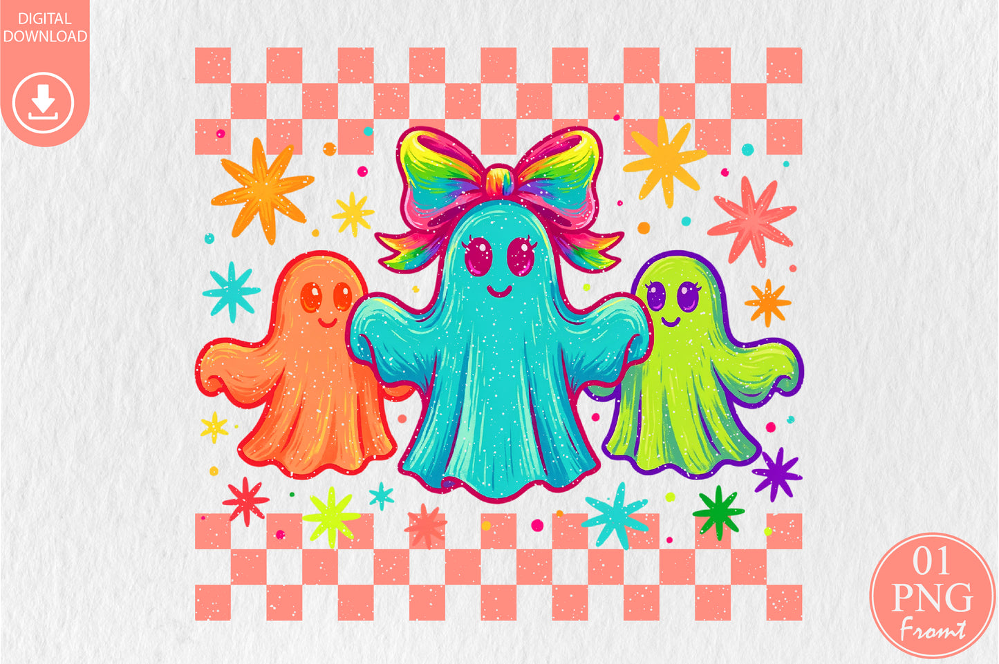 Cute Retro Ghost PNG Colorful Halloween Rainbow Bow Sublimation Design