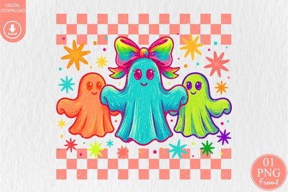Cute Retro Ghost PNG Colorful Halloween Rainbow Bow Sublimation Design