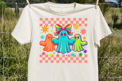 Cute Retro Ghost PNG Colorful Halloween Rainbow Bow Sublimation Design