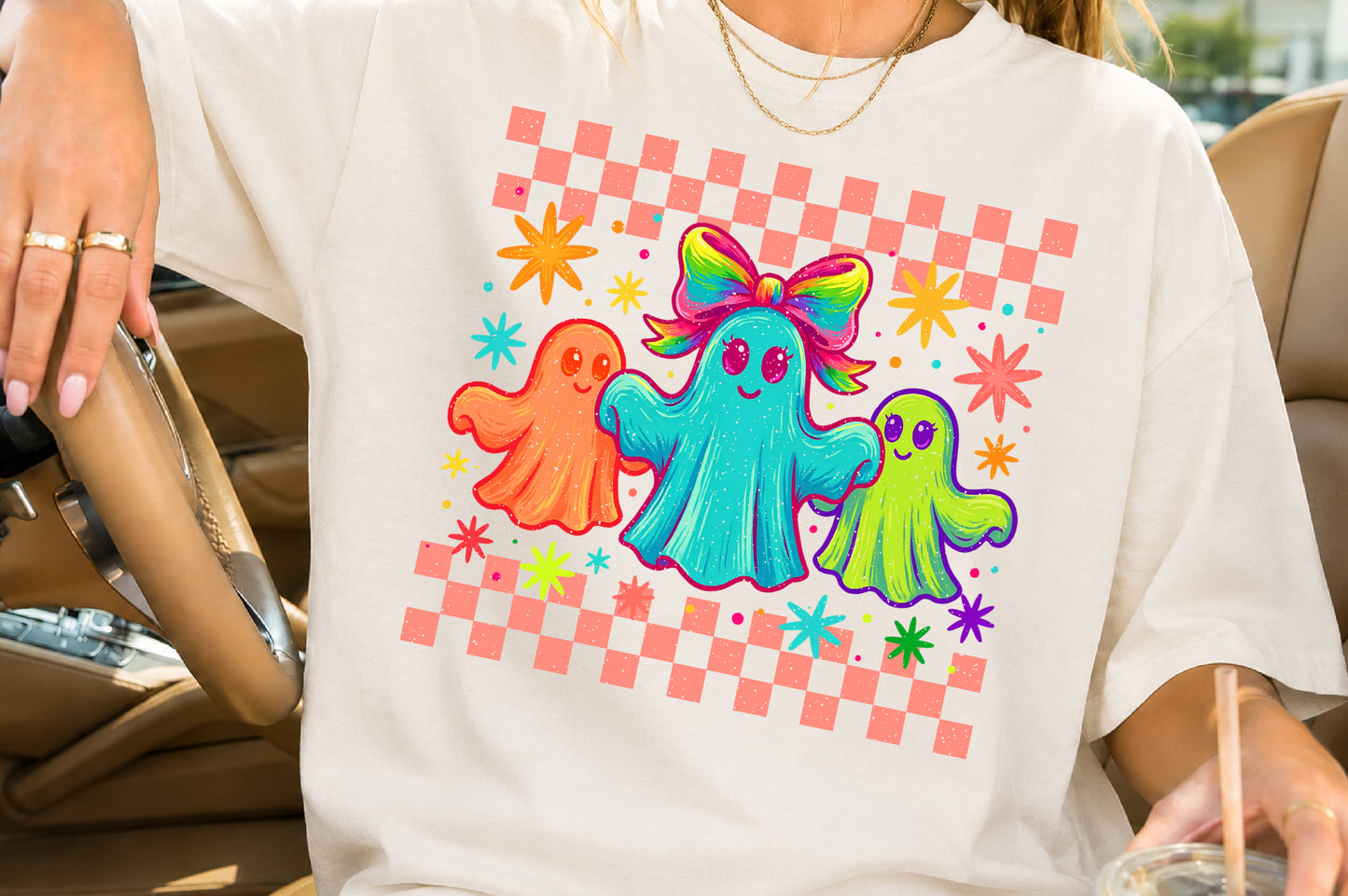 Cute Retro Ghost PNG Colorful Halloween Rainbow Bow Sublimation Design