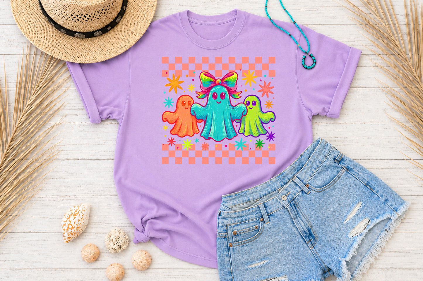 Cute Retro Ghost PNG Colorful Halloween Rainbow Bow Sublimation Design