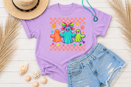 Cute Retro Ghost PNG Colorful Halloween Rainbow Bow Sublimation Design