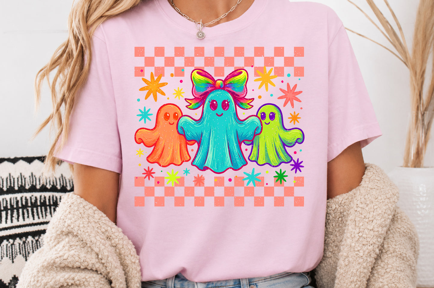 Cute Retro Ghost PNG Colorful Halloween Rainbow Bow Sublimation Design