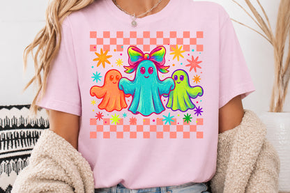 Cute Retro Ghost PNG Colorful Halloween Rainbow Bow Sublimation Design