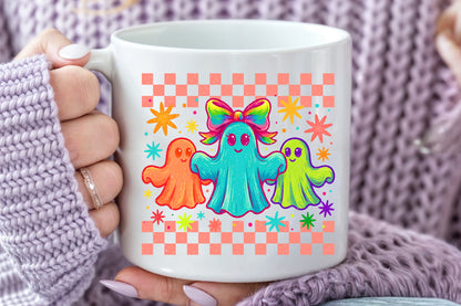 Cute Retro Ghost PNG Colorful Halloween Rainbow Bow Sublimation Design