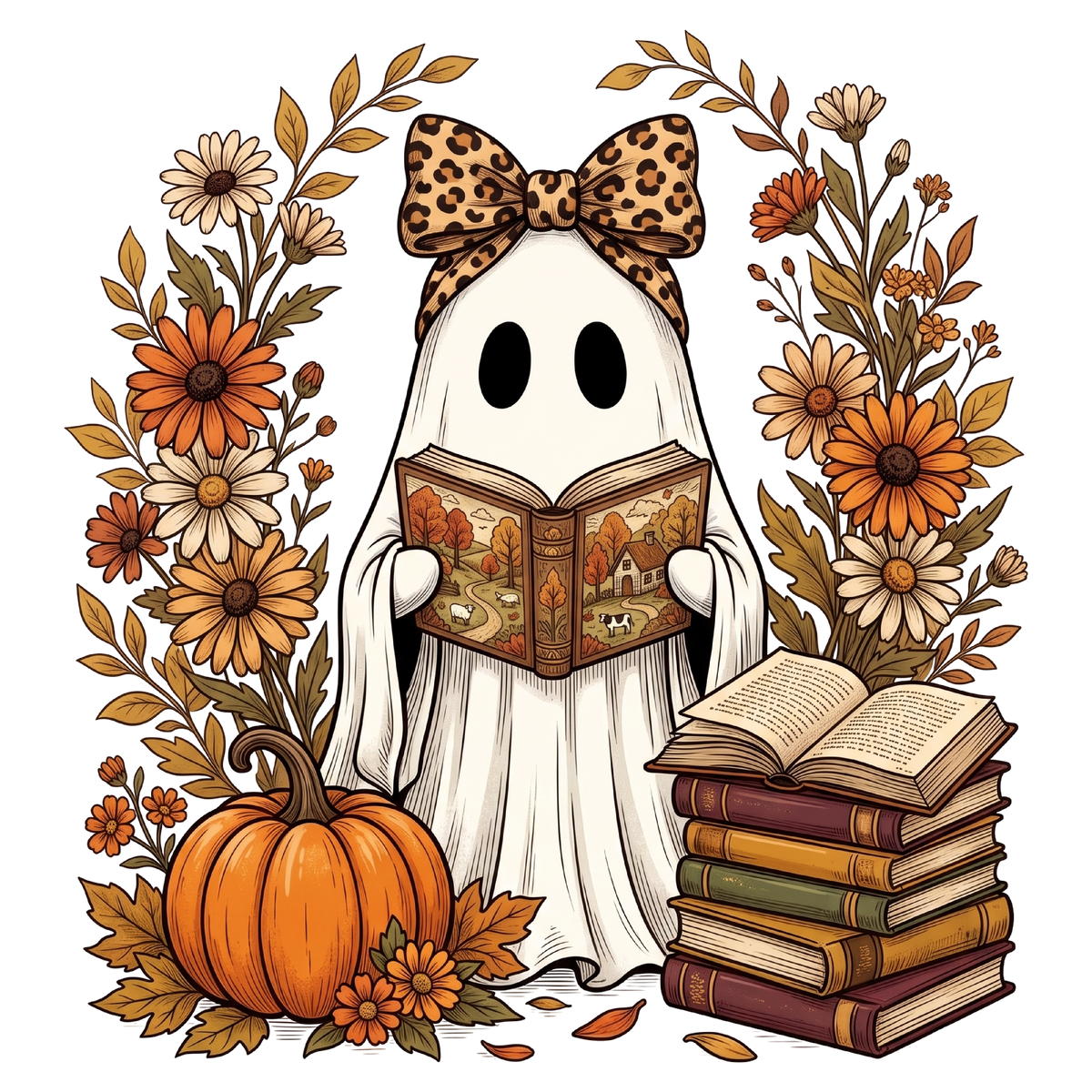 Cute Ghost Reading Book PNG