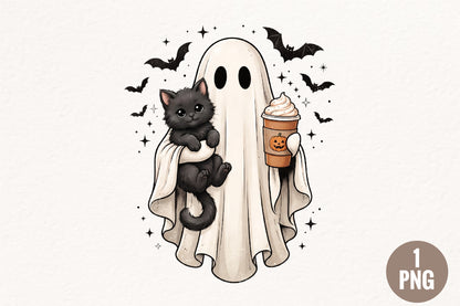 Cute Ghost and Black Cat Halloween PNG