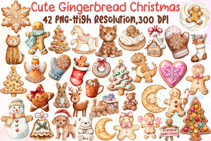 Cute Gingerbread Christmas Clipart PNG Bundle Commercial Use