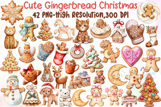 Cute Gingerbread Christmas Clipart PNG Bundle Commercial Use
