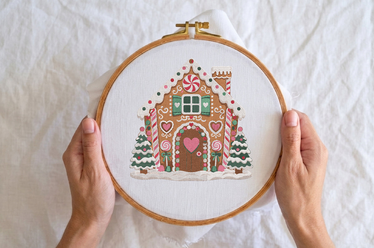 Cute Gingerbread House Embroidery Design – Adorable Christmas Gingerbread Machine Embroidery Pattern, Festive Holiday Embroidery Design