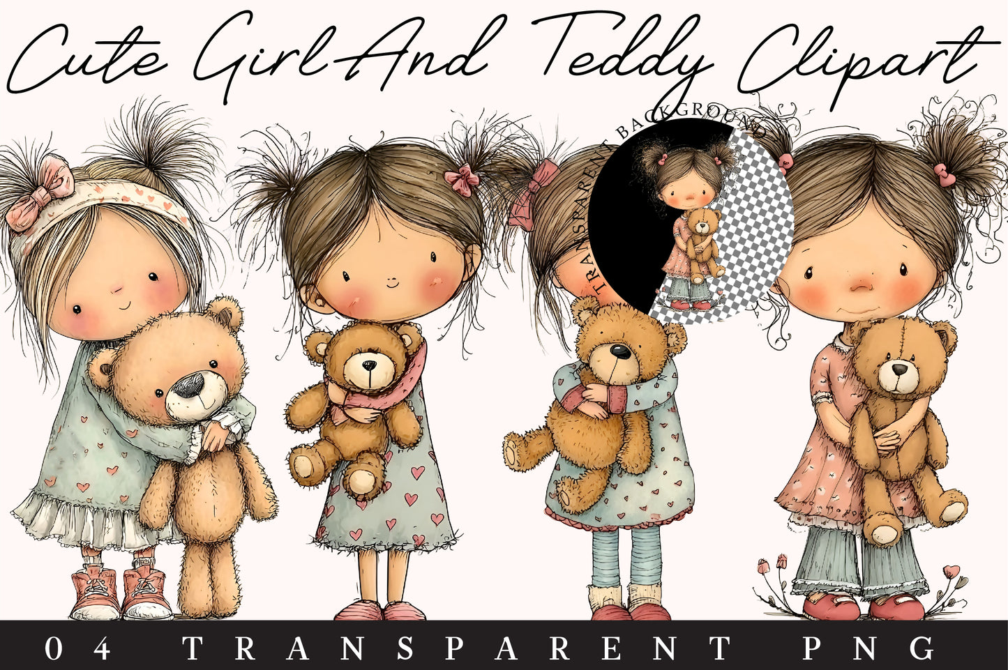 Cute Girl & Teddy Bear Clipart PNG – 4 Designs