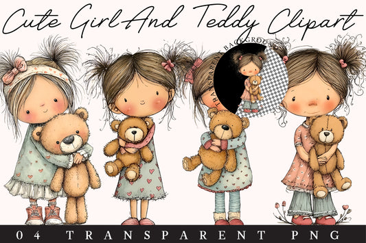 Cute Girl & Teddy Bear Clipart PNG – 4 Designs