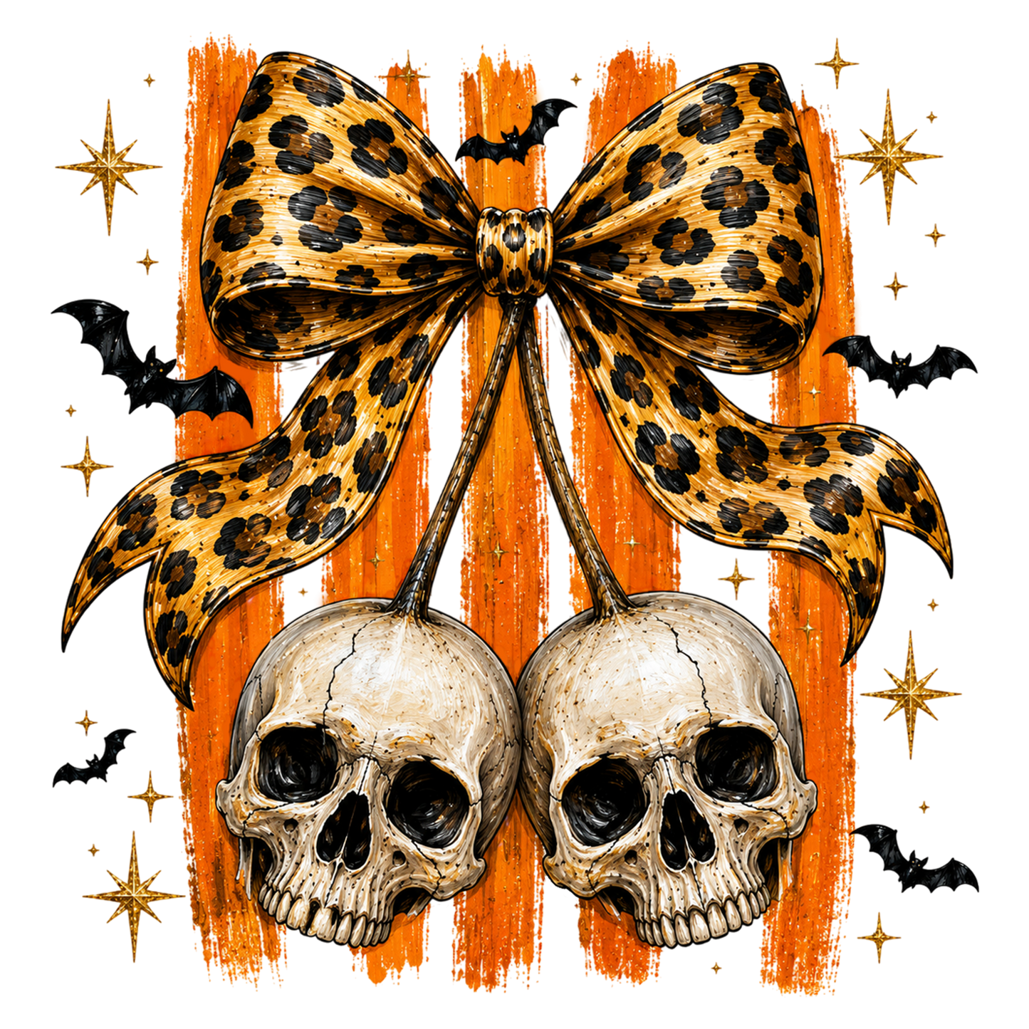 Leopard Bow Halloween PNG | Double Skull Bow Halloween Clipart | Spooky Leopard Print Halloween Sublimation Design