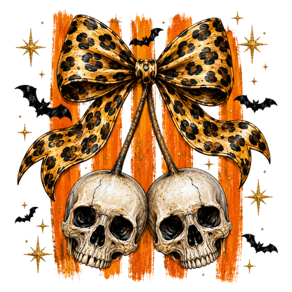 Leopard Bow Halloween PNG | Double Skull Bow Halloween Clipart | Spooky Leopard Print Halloween Sublimation Design