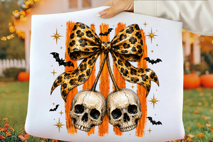 Leopard Bow Halloween PNG | Double Skull Bow Halloween Clipart | Spooky Leopard Print Halloween Sublimation Design