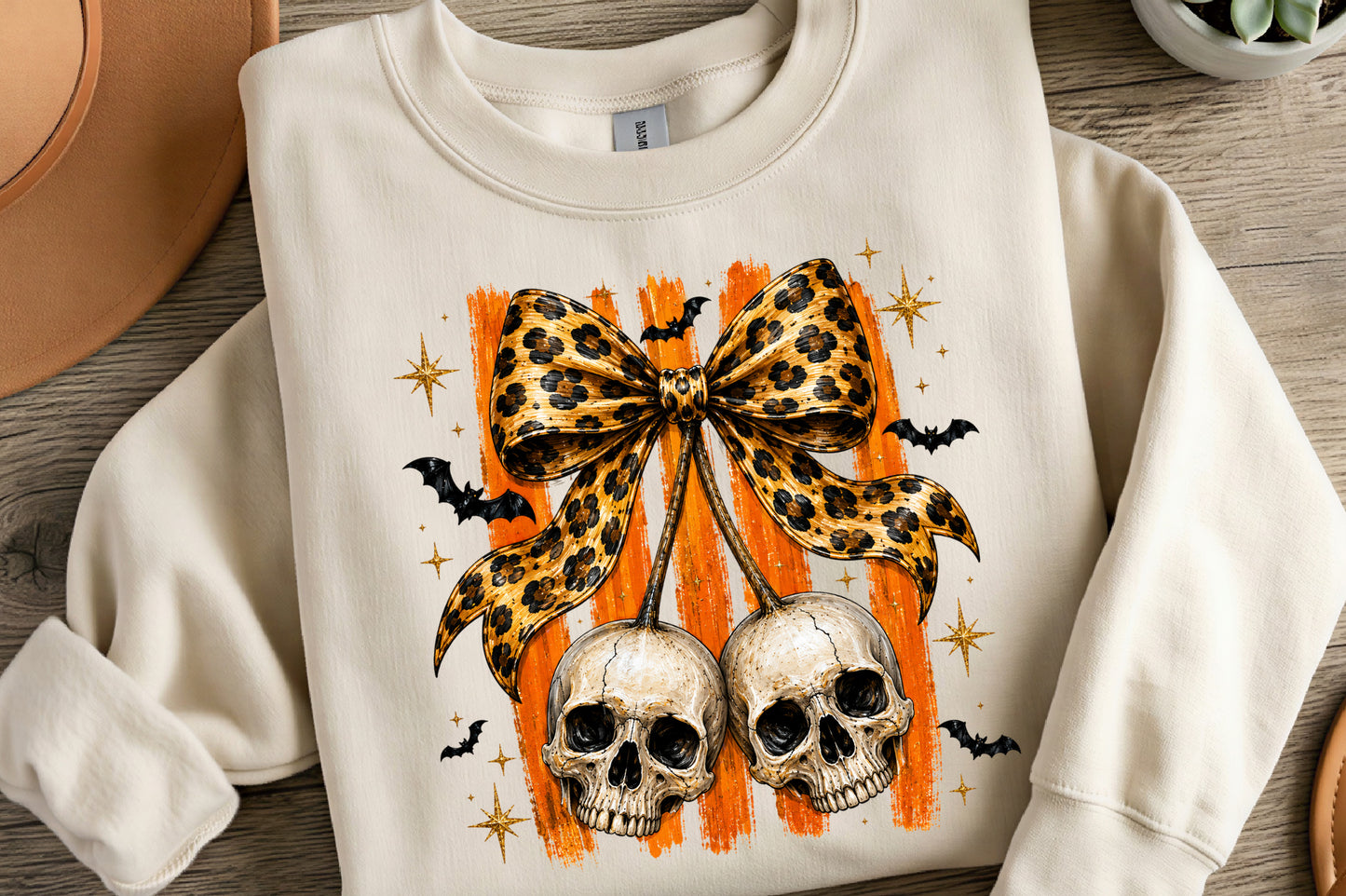 Leopard Bow Halloween PNG | Double Skull Bow Halloween Clipart | Spooky Leopard Print Halloween Sublimation Design