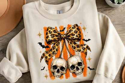 Leopard Bow Halloween PNG | Double Skull Bow Halloween Clipart | Spooky Leopard Print Halloween Sublimation Design