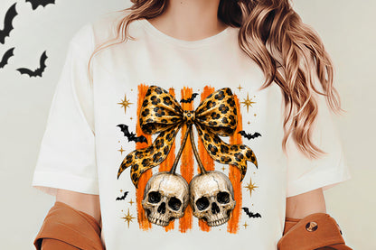 Leopard Bow Halloween PNG | Double Skull Bow Halloween Clipart | Spooky Leopard Print Halloween Sublimation Design