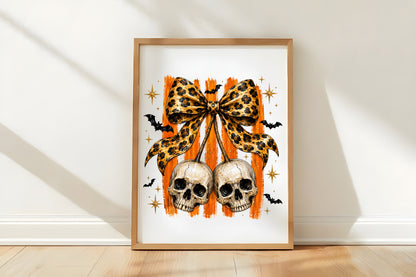 Leopard Bow Halloween PNG | Double Skull Bow Halloween Clipart | Spooky Leopard Print Halloween Sublimation Design