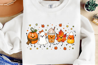 Cute Halloween Autumn Characters PNG Pumpkin Ghost Coffee Leaf Candy Corn