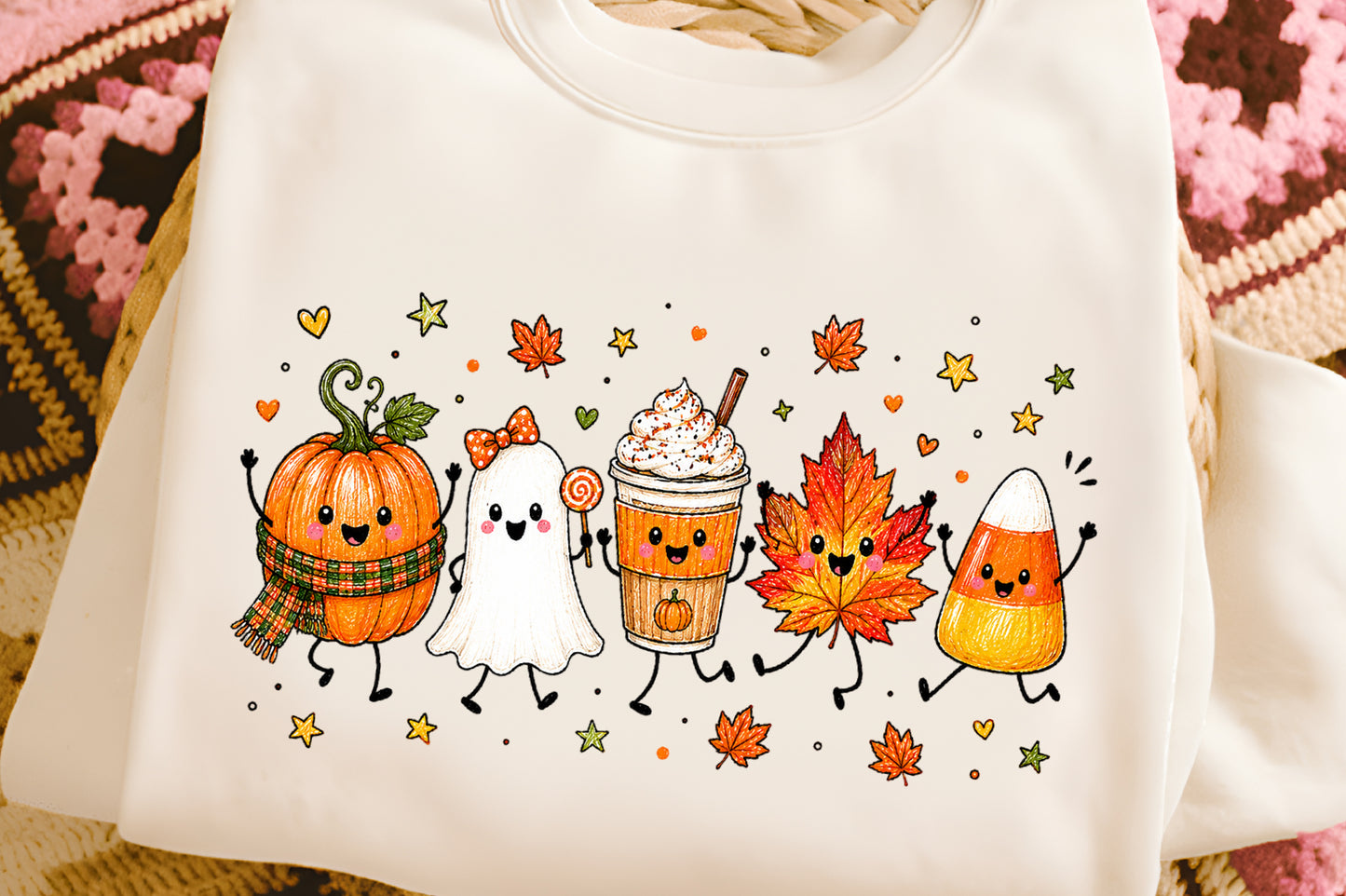 Cute Halloween Autumn Characters PNG Pumpkin Ghost Coffee Leaf Candy Corn