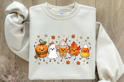 Cute Halloween Autumn Characters PNG Pumpkin Ghost Coffee Leaf Candy Corn