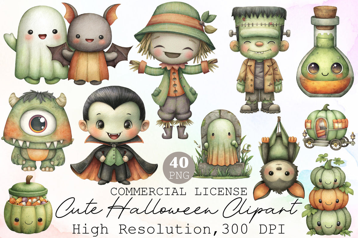 Cute Halloween Clipart PNG Bundle Commercial Use