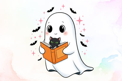 Cute Halloween Ghost Reading Book Black Cat PNG